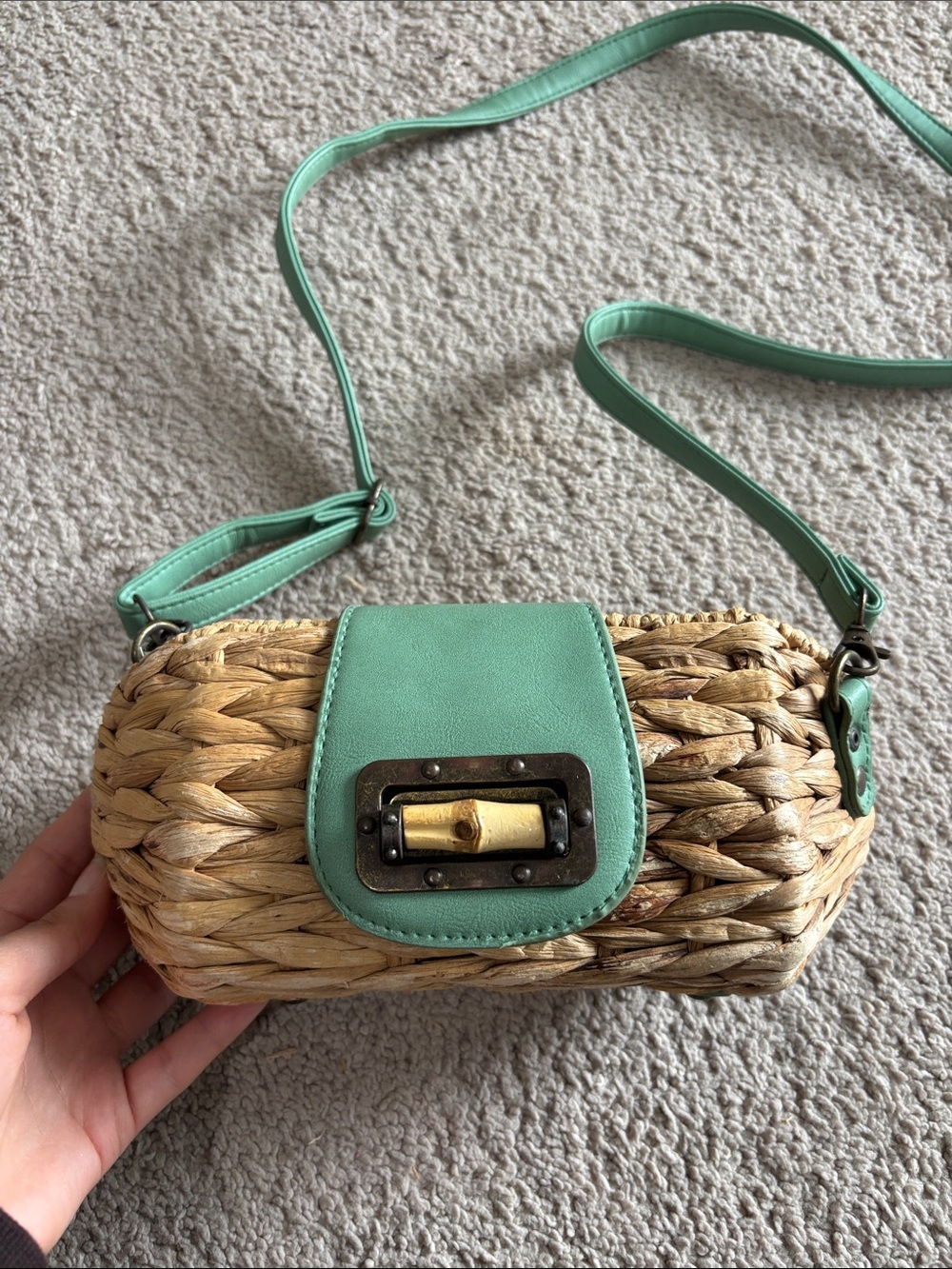 Woven Straw Crossbody Bag with Mint Green Trim
